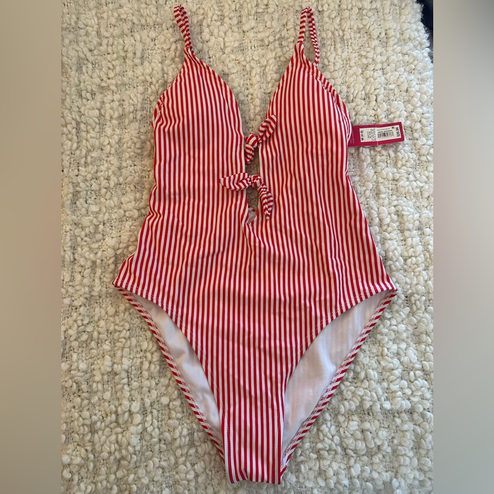 NWT - Red / White Striped Tie One Piece Swimsuit - Size M
